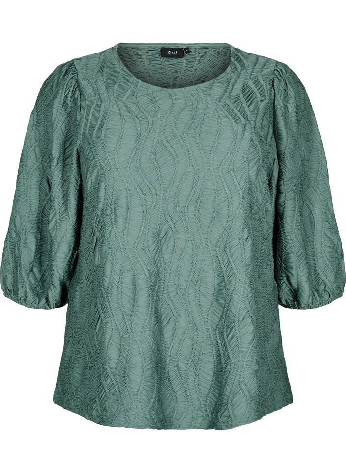 Blouse with texture and 3/4 sleeves, Green, Packshot image number 0