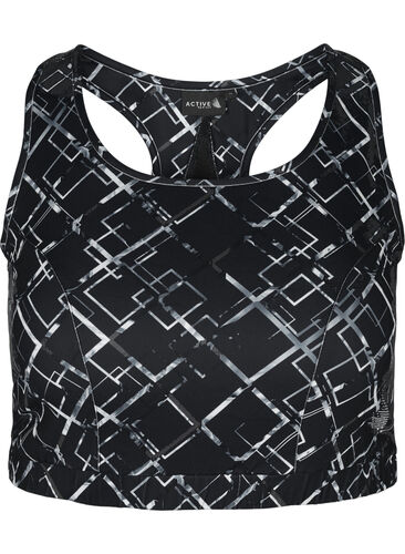 Printed sports bra with mesh, Square Black, Packshot image number 0