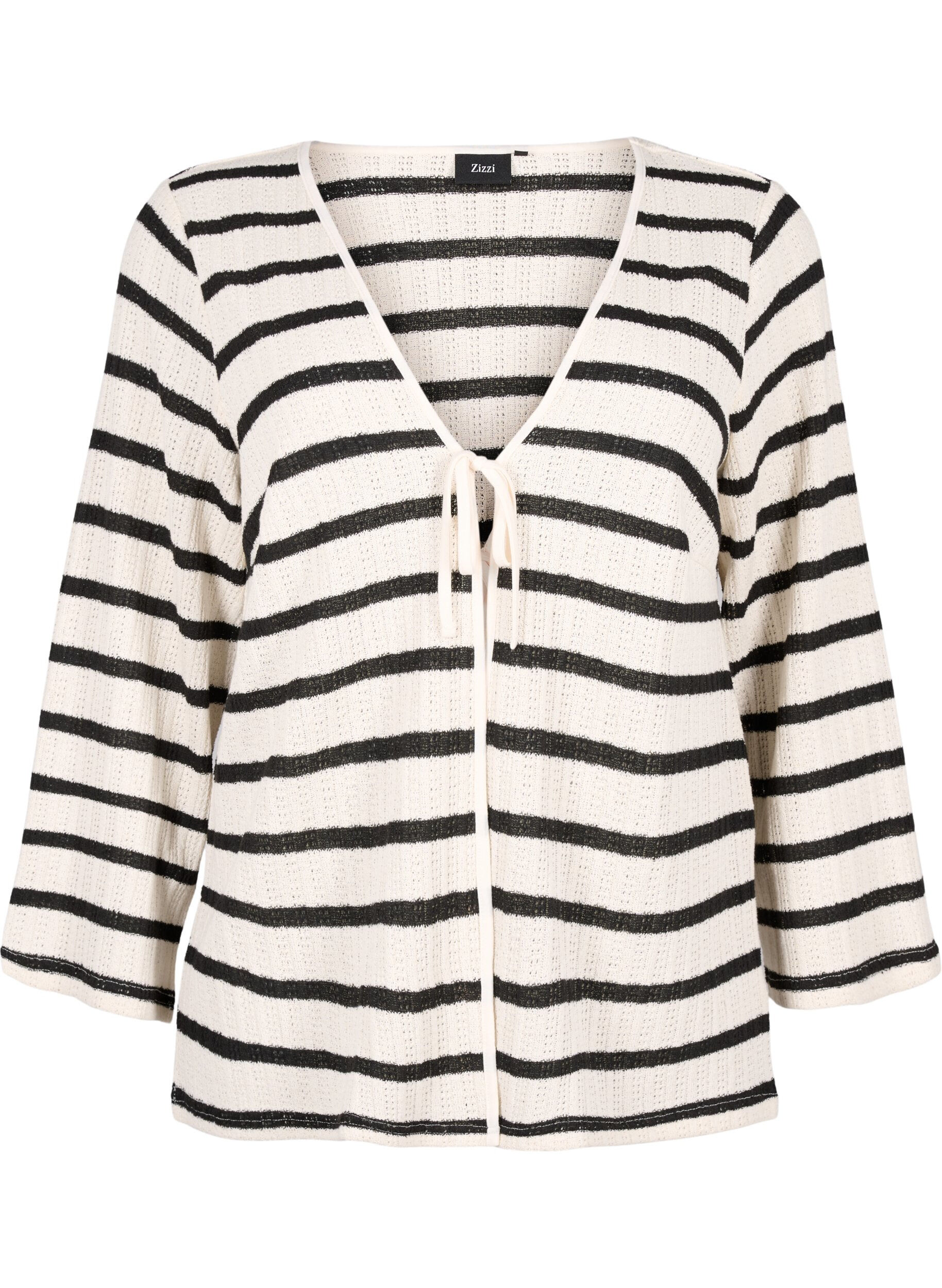 Zizzifashion Striped cardigan with tie-string, Sand Black Stripe, Packshot image number 0
