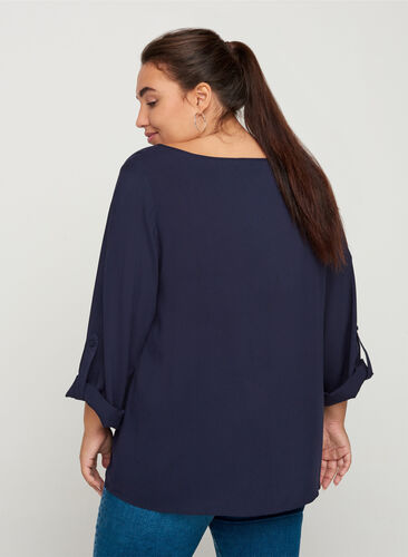 Long-sleeved viscose blouse with a round neck, Night Sky, Model image number 1