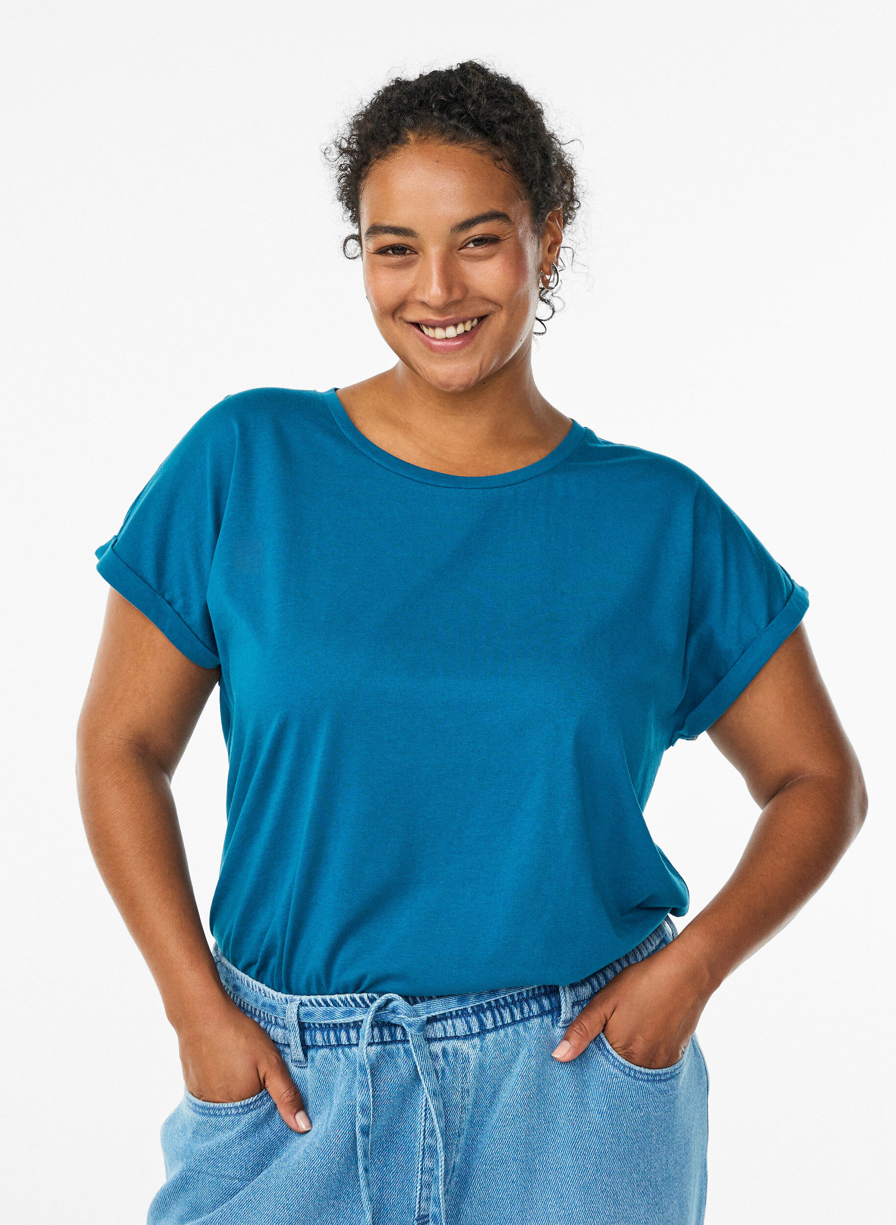 ZizzifashionShort sleeved cotton blend t-shirt, Petrol, Model image number 0