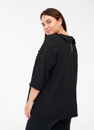 Checked blouse with 3/4 sleeves and ruffled collar, Black, Model image number 1