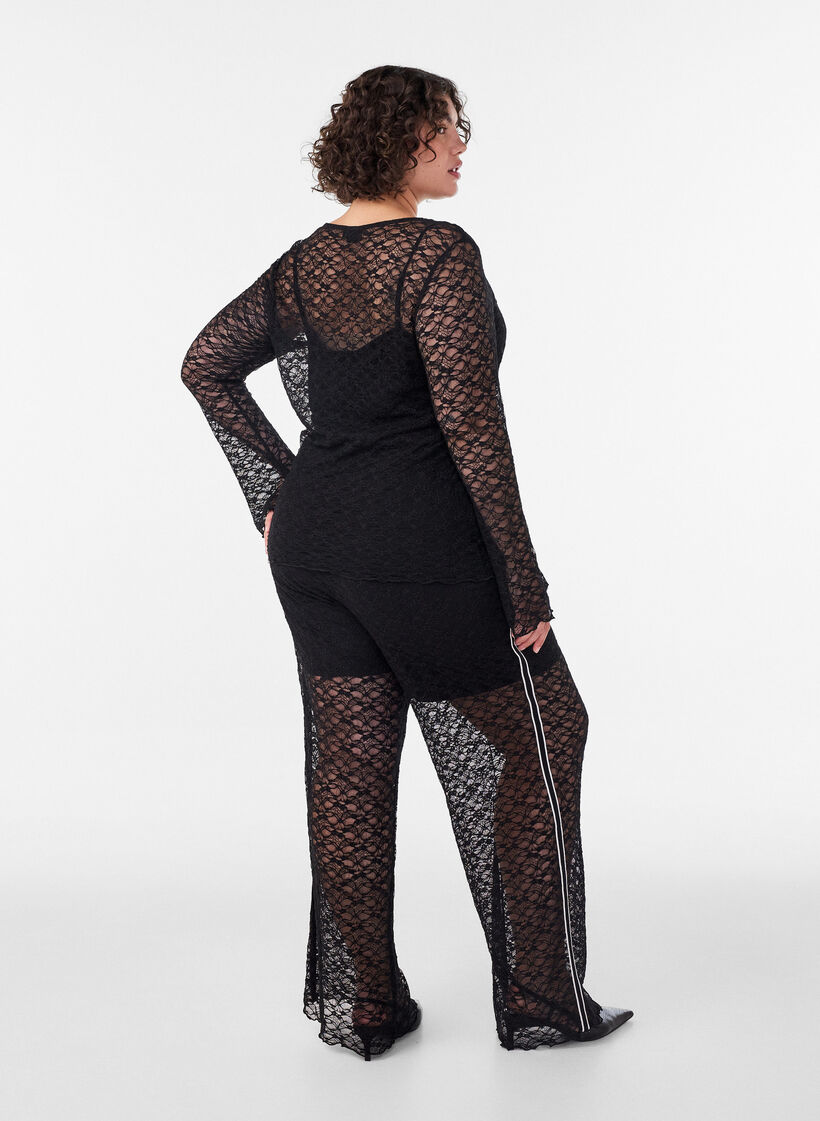 Sheer wide-leg lace trousers, Black, Model image number 1