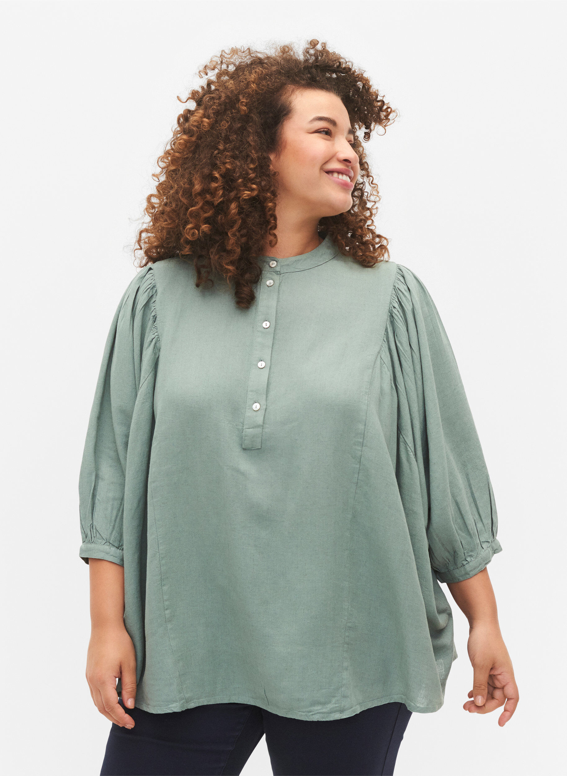 Zizzifashion Viscose-Linen Mix Shirt Blouse with 3/4 Sleeves, Chinois Green, Model image number 0
