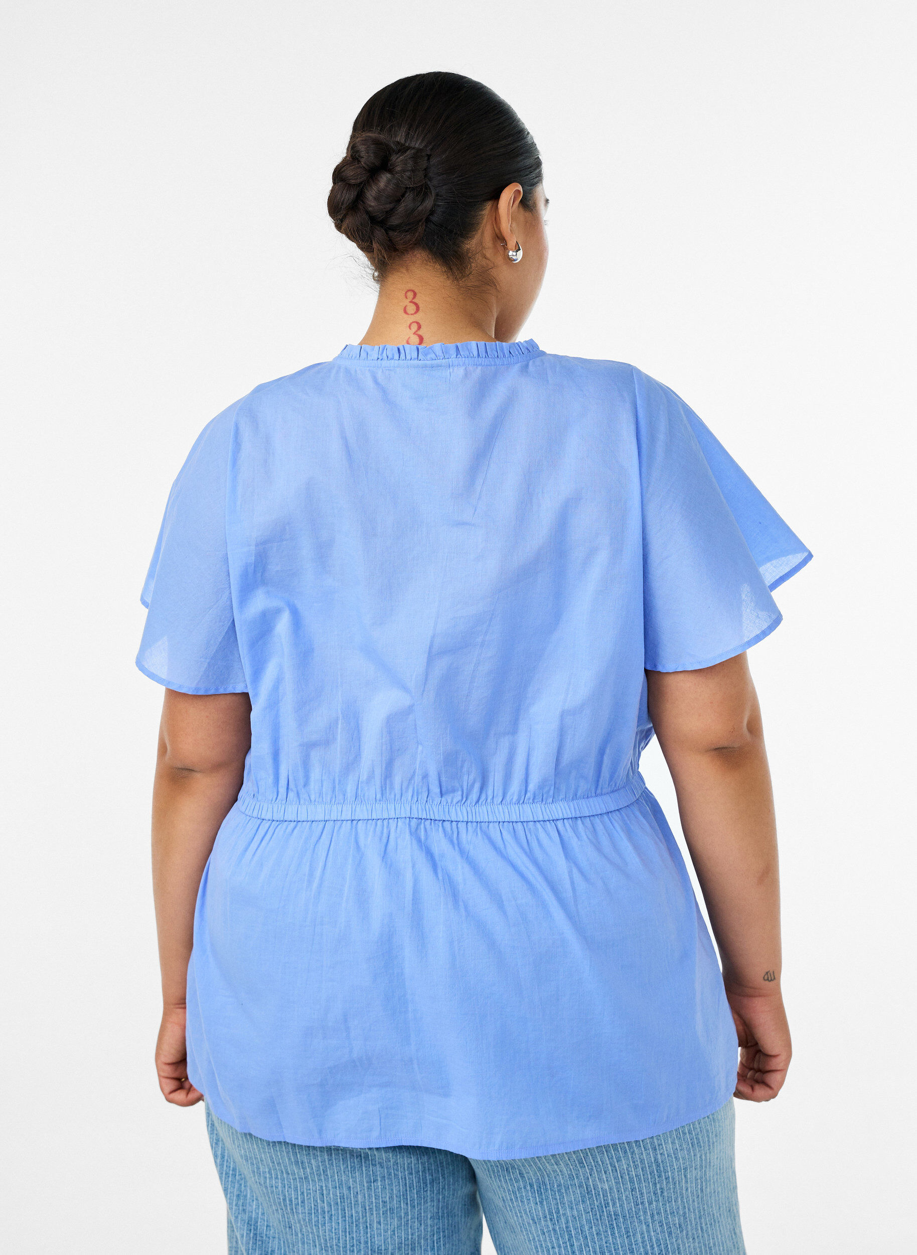 Zizzifashion Cotton blouse with tie-string and elastic waist, Blue, Model image number 2