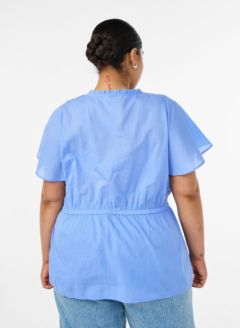 Cotton blouse with tie-string and elastic waist, Blue, Model image number 2