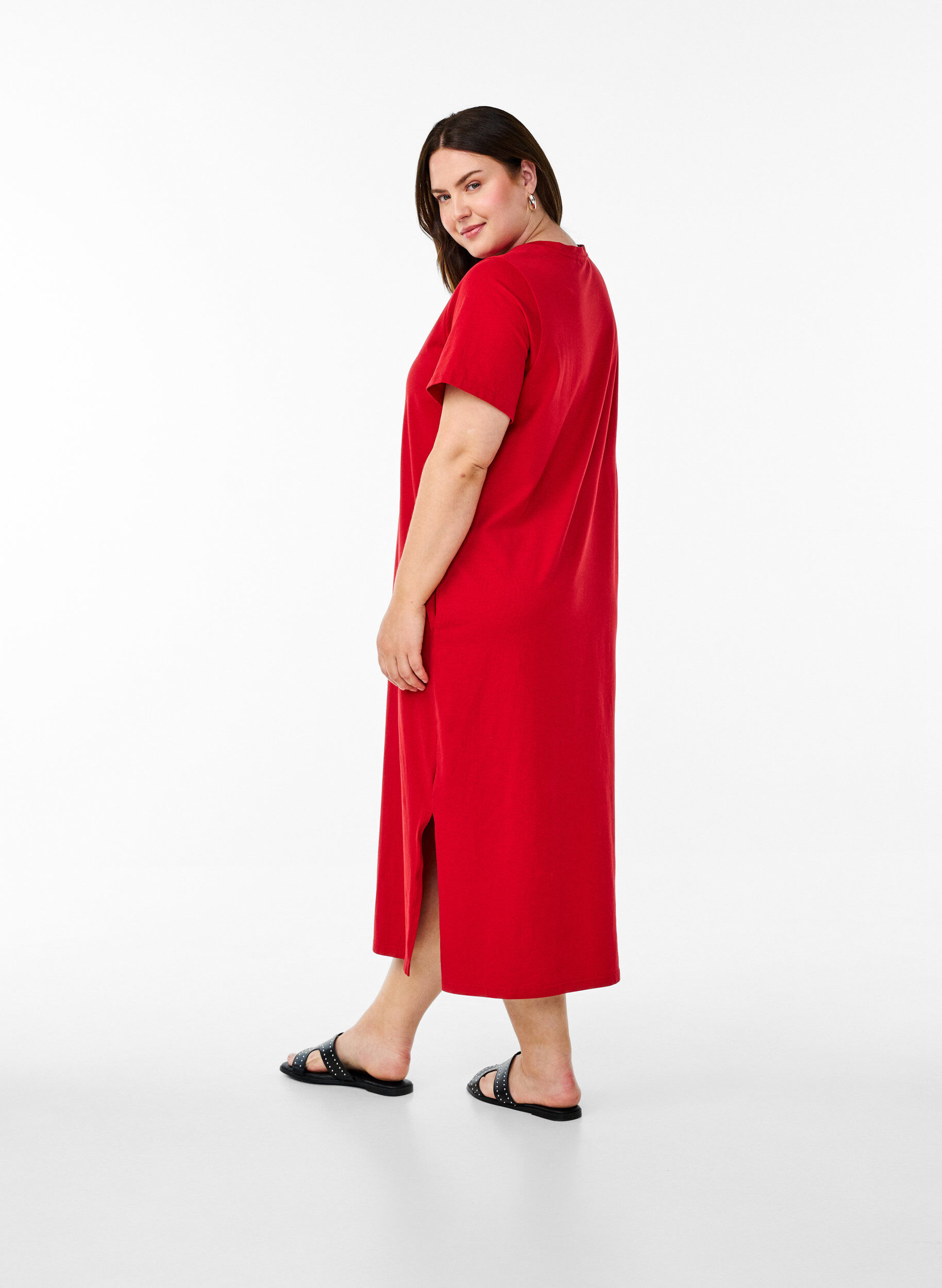 Zizzifashion Midi T-shirt dress with a V-neck, Red, Model image number 1