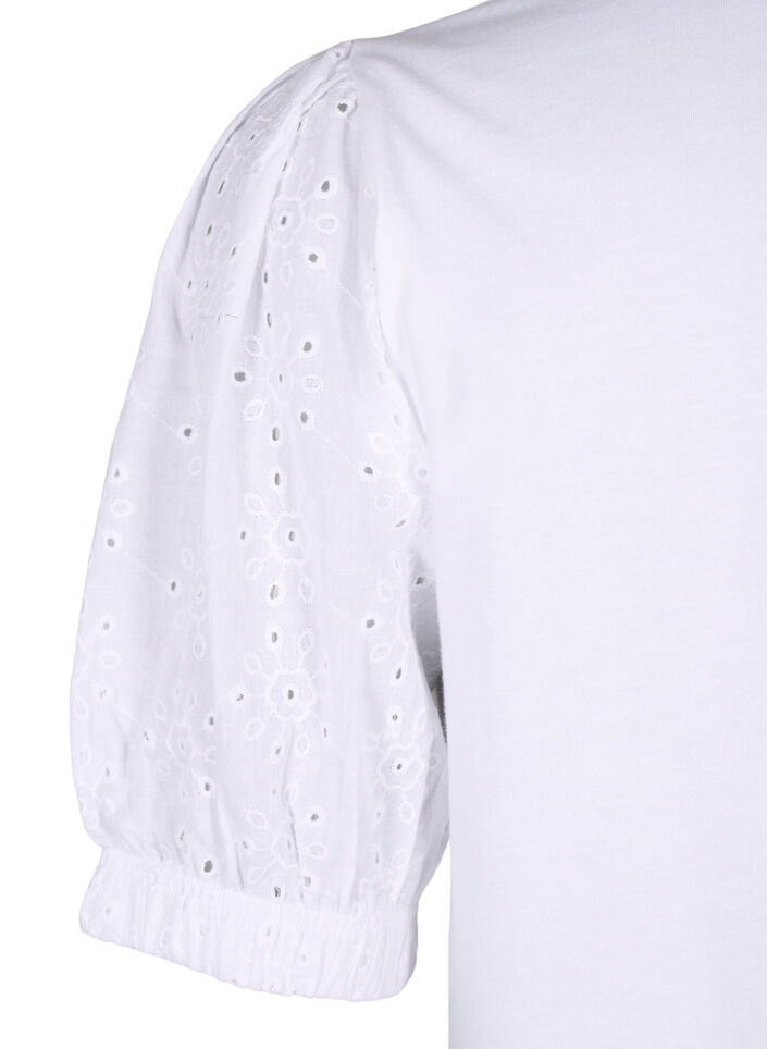 Organic cotton blouse with broderie anglaise sleeves, Bright White, Packshot image number 3