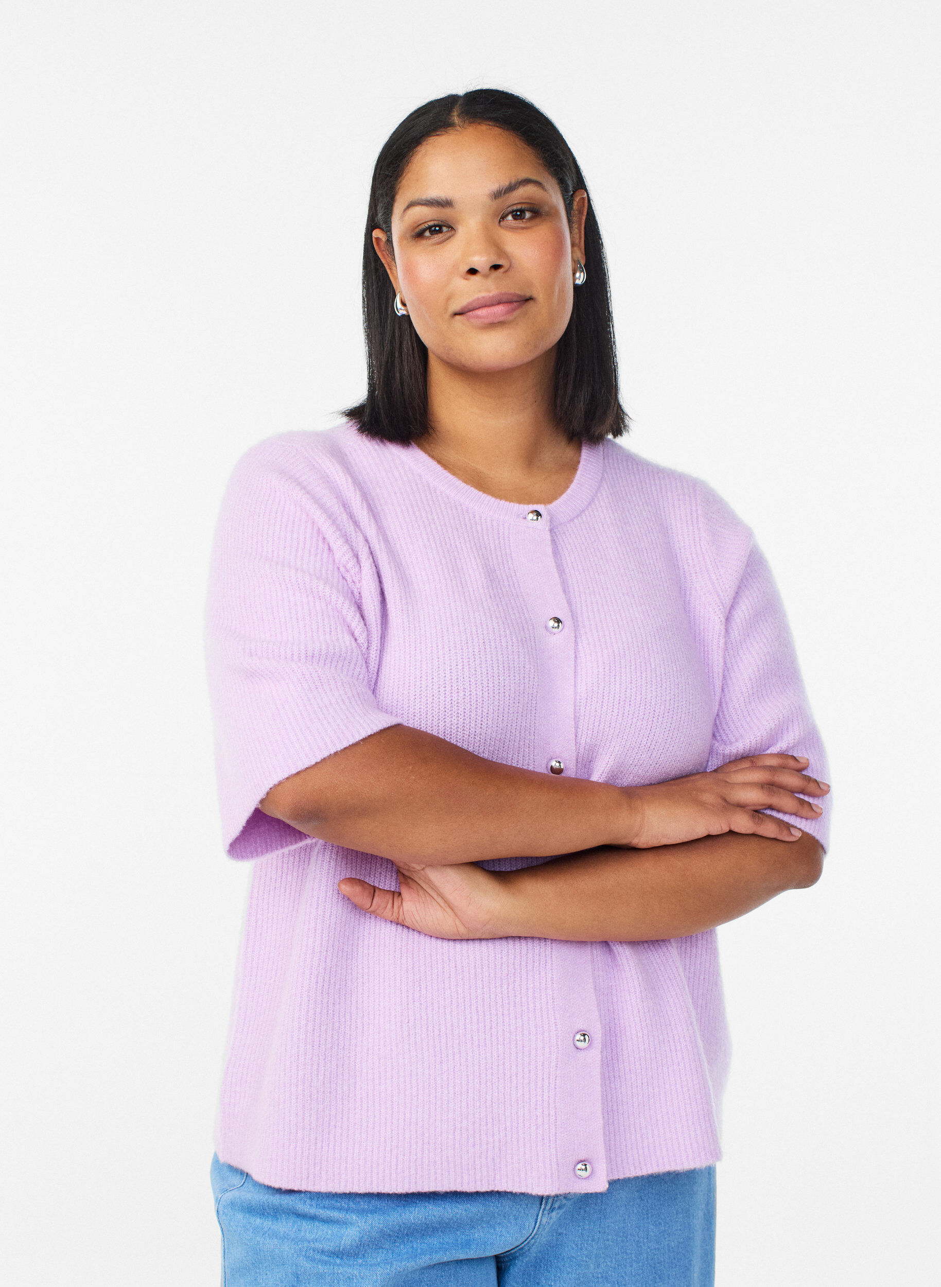 Zizzifashion Short-sleeved knit cardigan with shiny ball buttons, Purple, Model image number 0