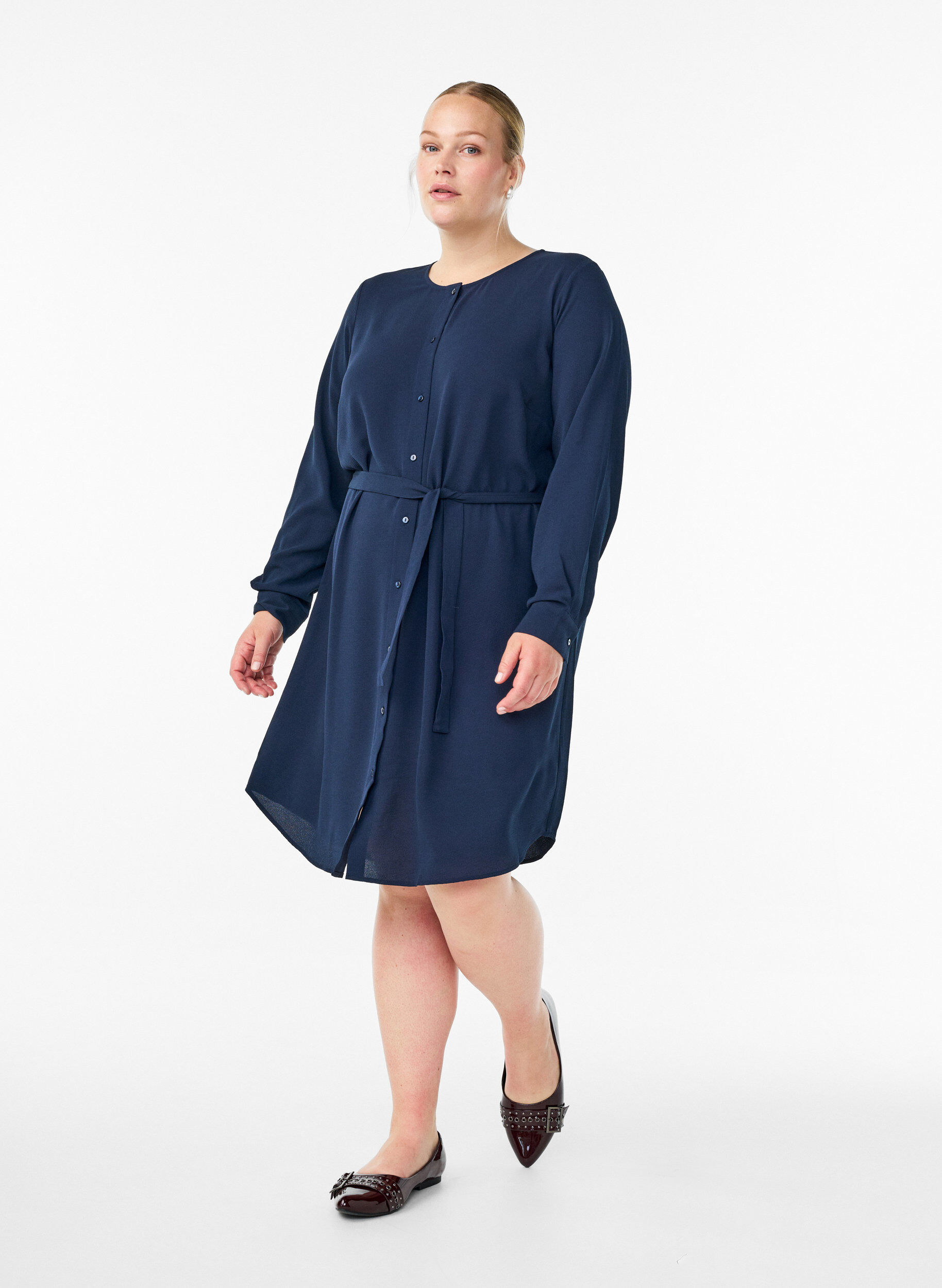 Zizzifashion Long-sleeved shirt dress with tie belt, Blue, Model image number 1
