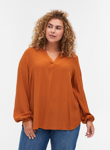 Long-sleeved viscose blouse with V-neck, Autumnal, Model image number 0