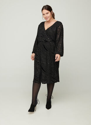 Patterned dress with glitter and a V-neck, Black w Glitter, Model image number 2