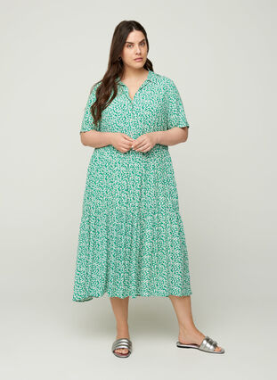 Short-sleeve viscose midi dress, Green W. Flower, Model image number 0