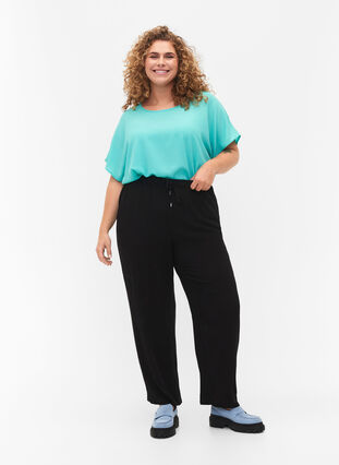 Blouse with short sleeves and a round neckline, Turquoise, Model image number 2
