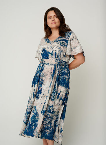 Short-sleeved midi dress with print, Twilight Blue AOP, Model image number 0