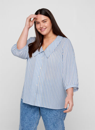 Striped shirt blouse with large collar, Light Blue Stripe, Model image number 0