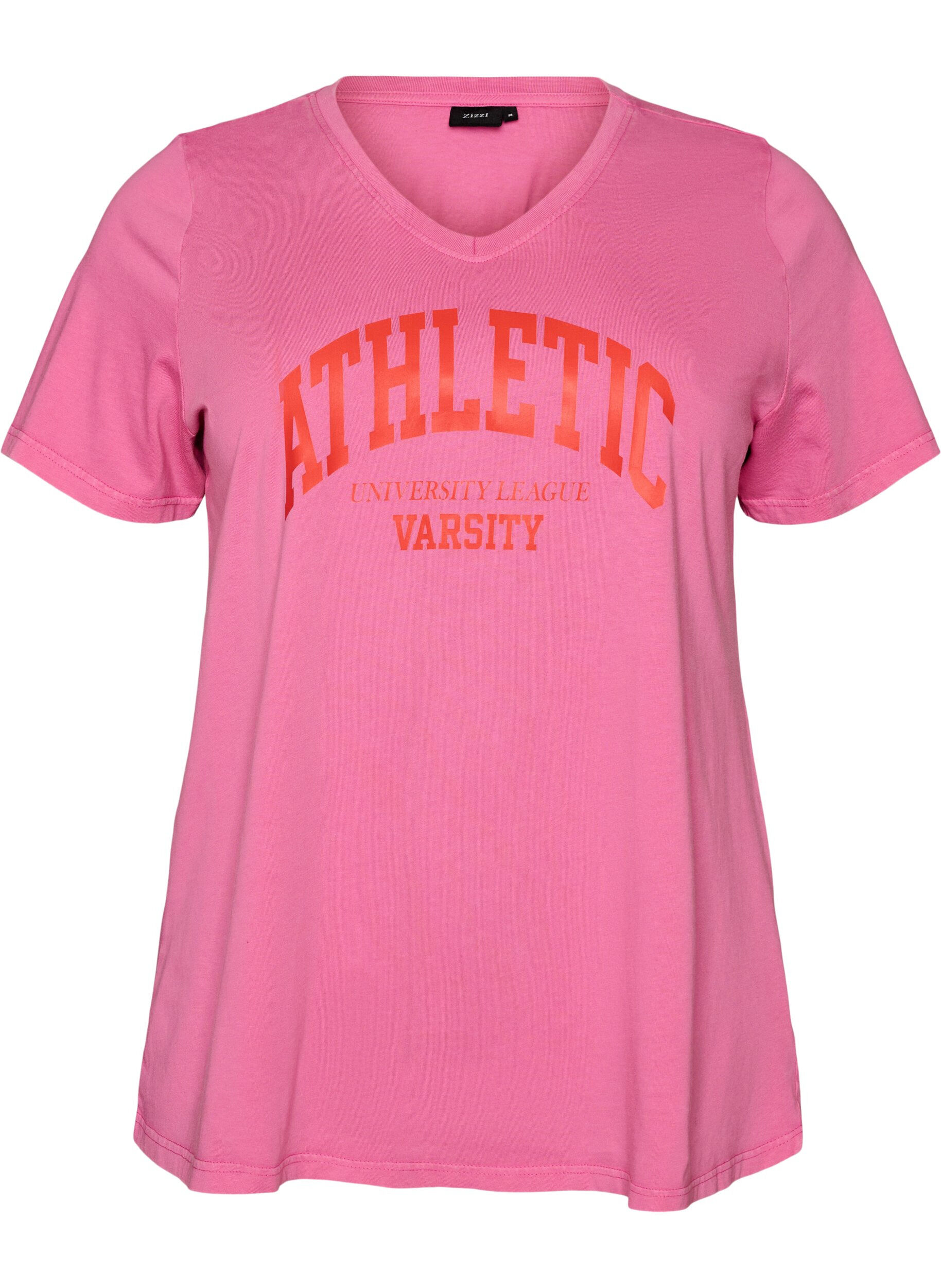 Zizzifashion Organic cotton T-shirt with a varsity print and V-neck, Rose, Packshot image number 0