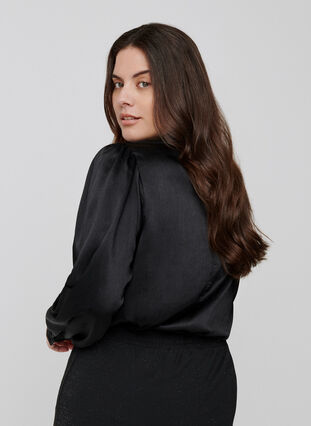 Shiny blouse with long puff sleeves, Black, Model image number 1