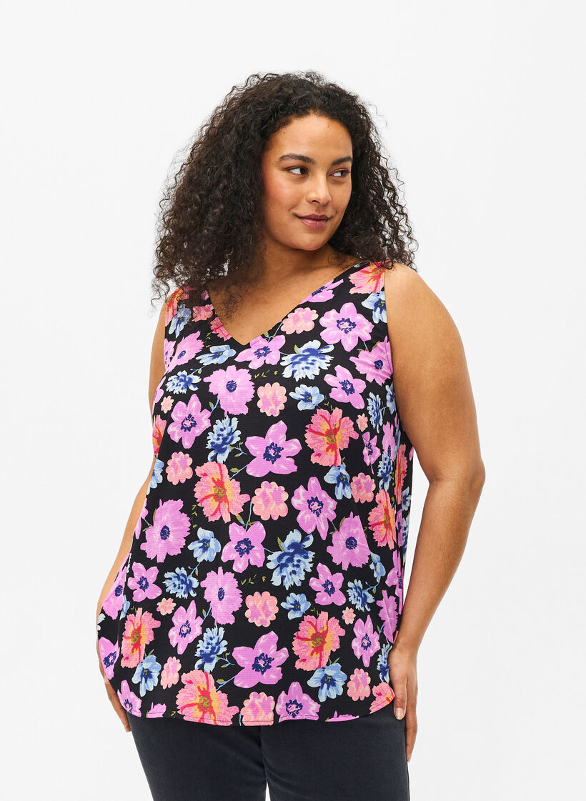 Floral top with v-neck, Black Big Flower AOP, Model image number 0