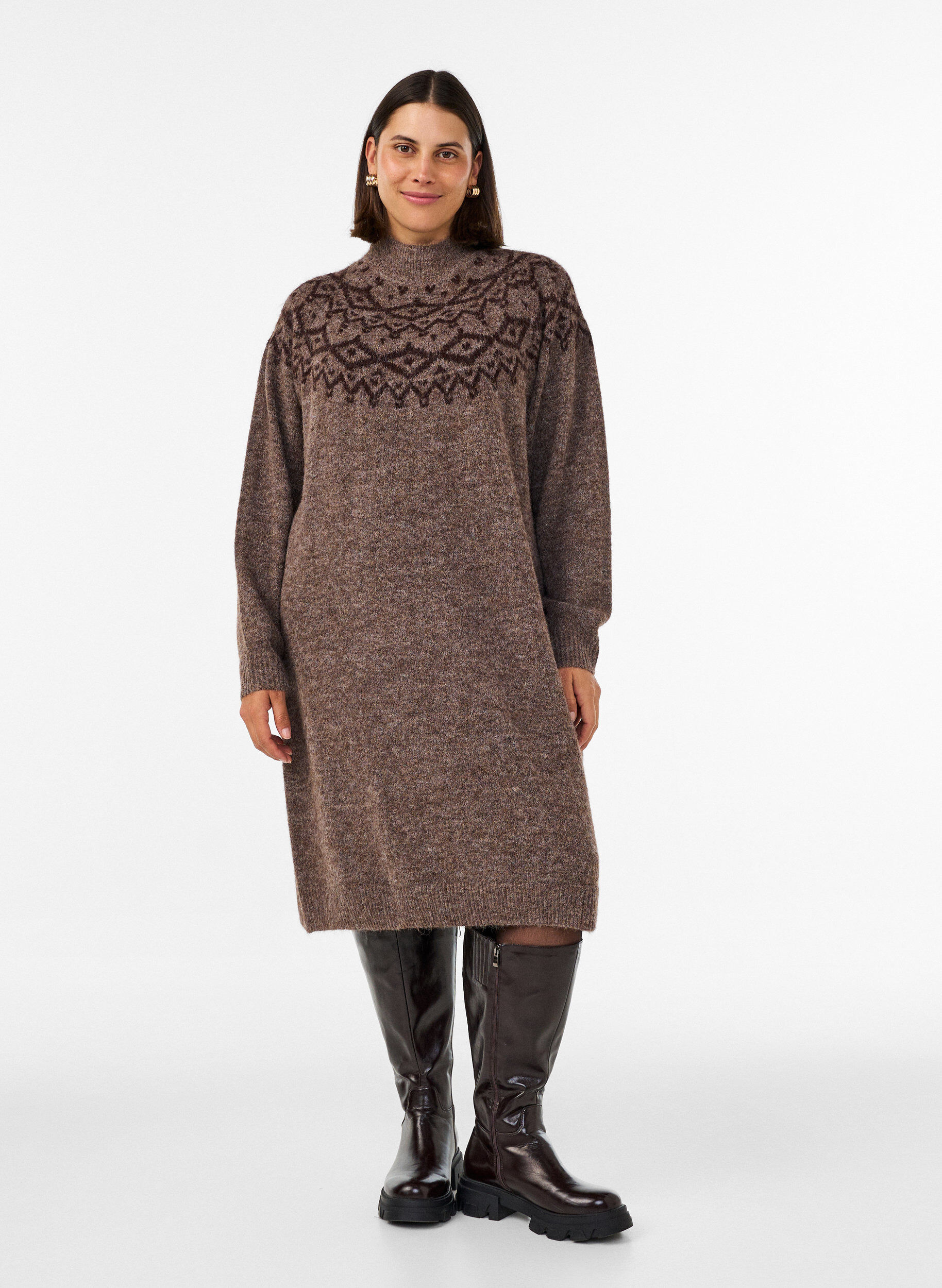 Knitted dress with jacquard pattern, Brown, Model