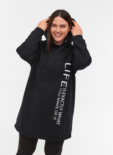 Long sweatshirt with a hood and print details, Black, Model image number 0