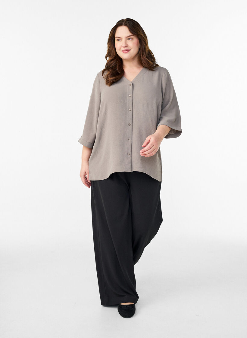 Shirt blouse with V-neck and 3/4 sleeves, Beige, Model image number 1
