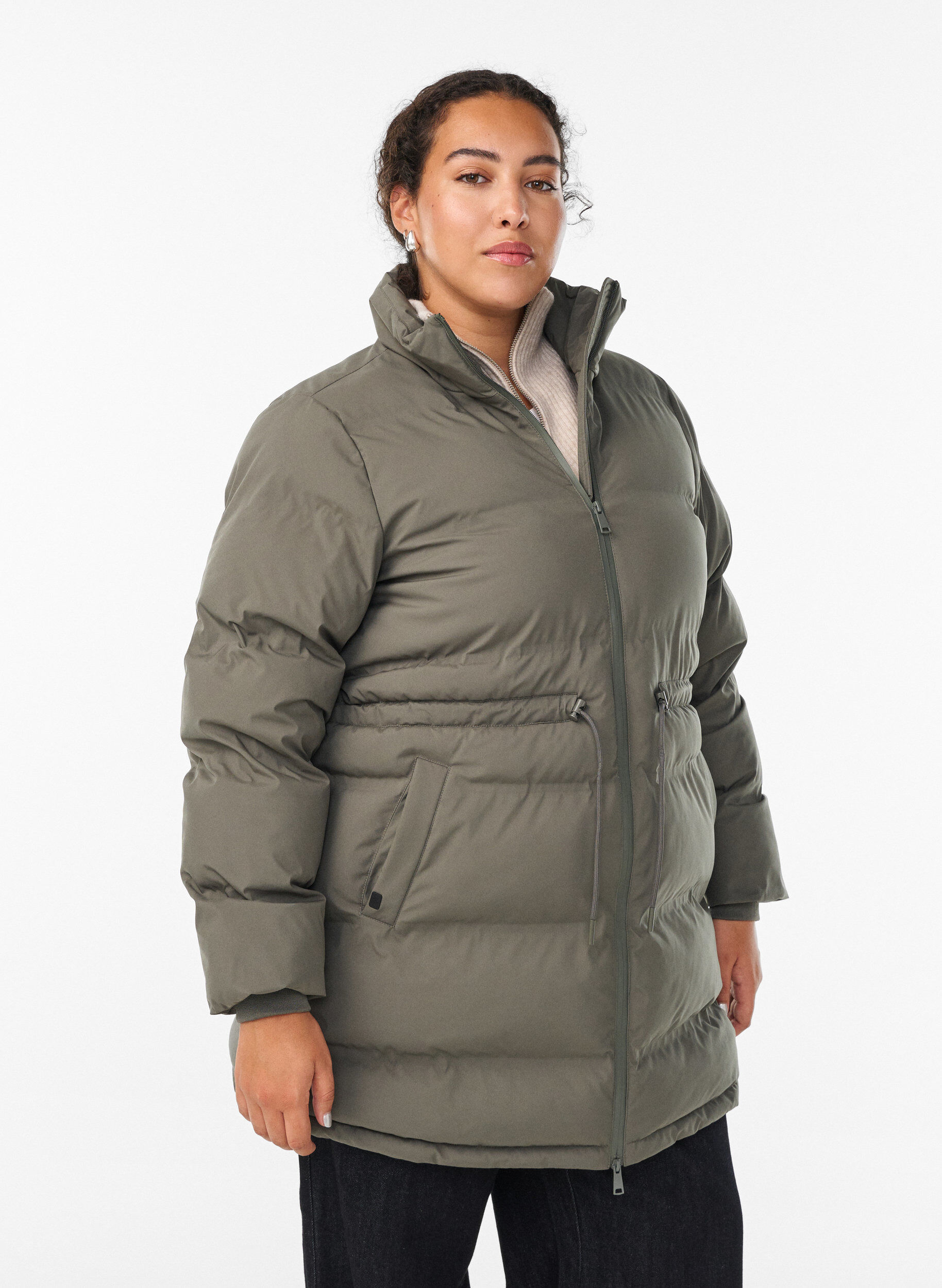 Mid-length puffer jacket with adjustable waist, Dark Grey, Model