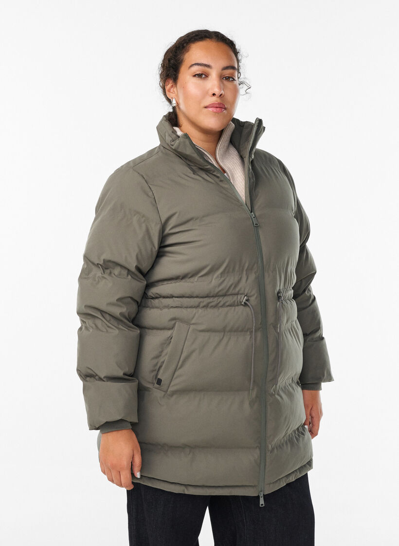 Mid-length puffer jacket with adjustable waist, Dark Grey, Model image number 0