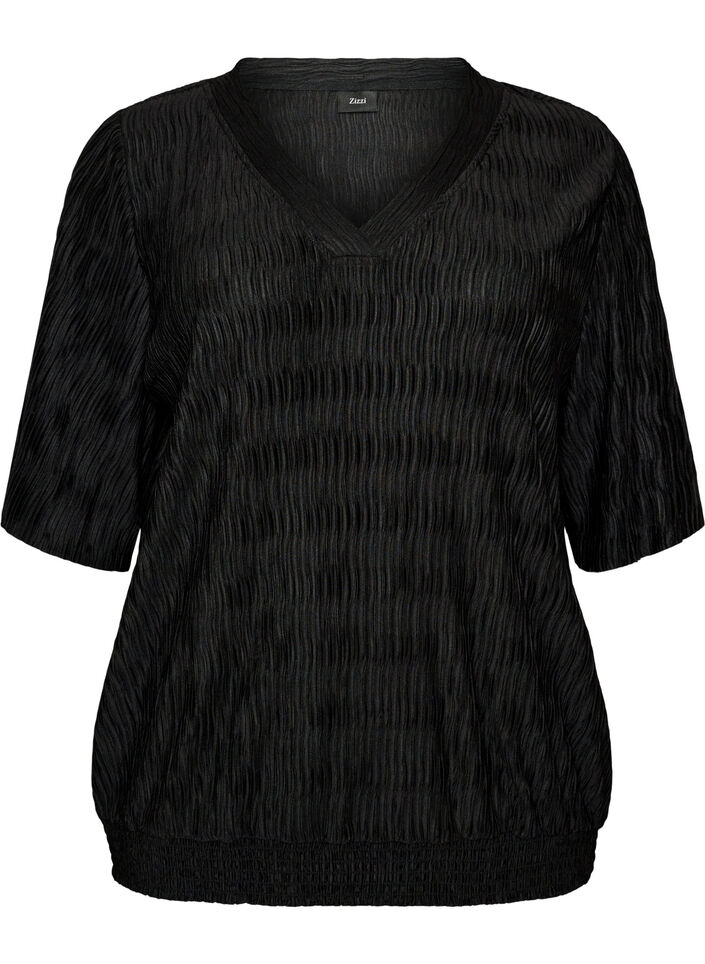 Blouse with wavy texture and balloon shape, Black, Packshot image number 0