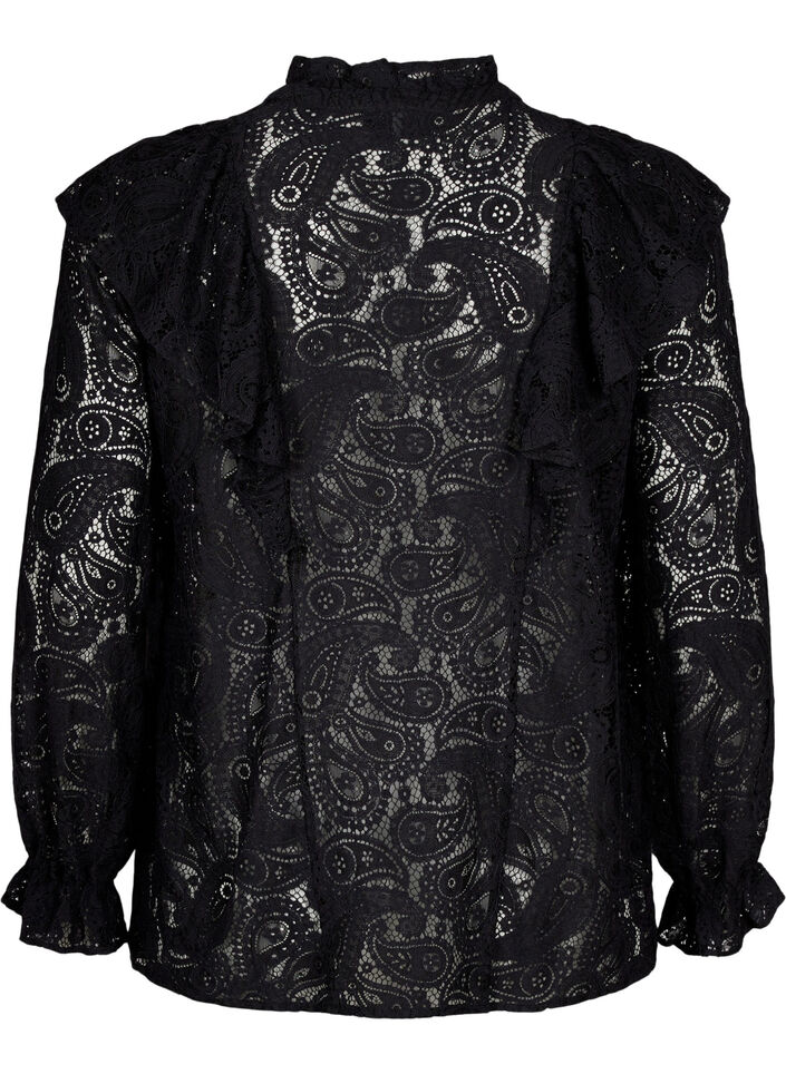 Lace shirt blouse with ruffle detail, Black, Packshot image number 1