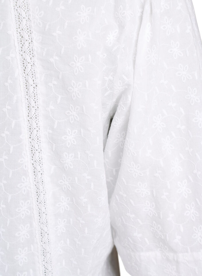 Knee-length cotton dress with embroidery and a V-neck, White, Packshot image number 3