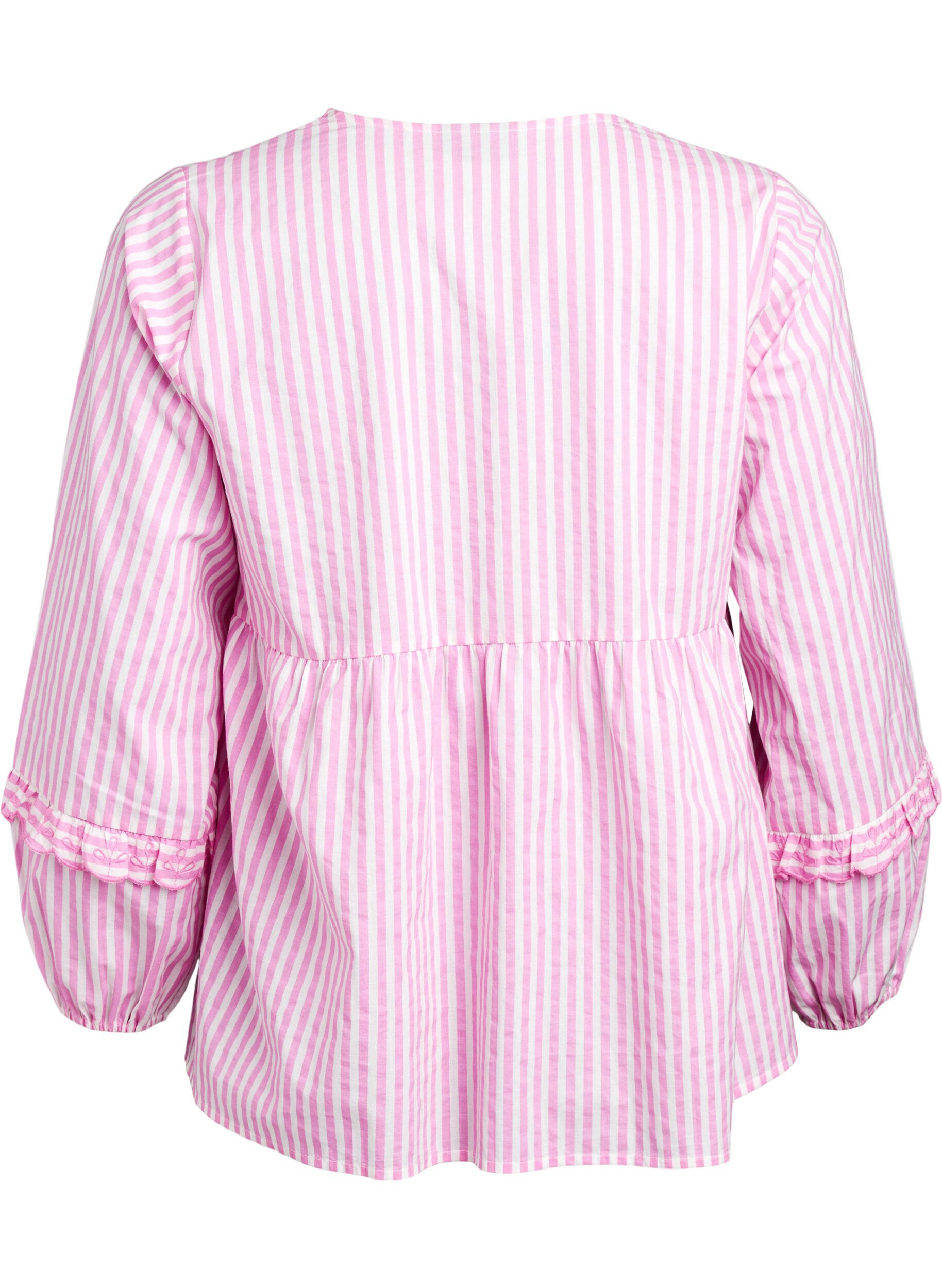 Zizzifashion Striped blouse with open front and embroidery details, Pink, Packshot image number 1