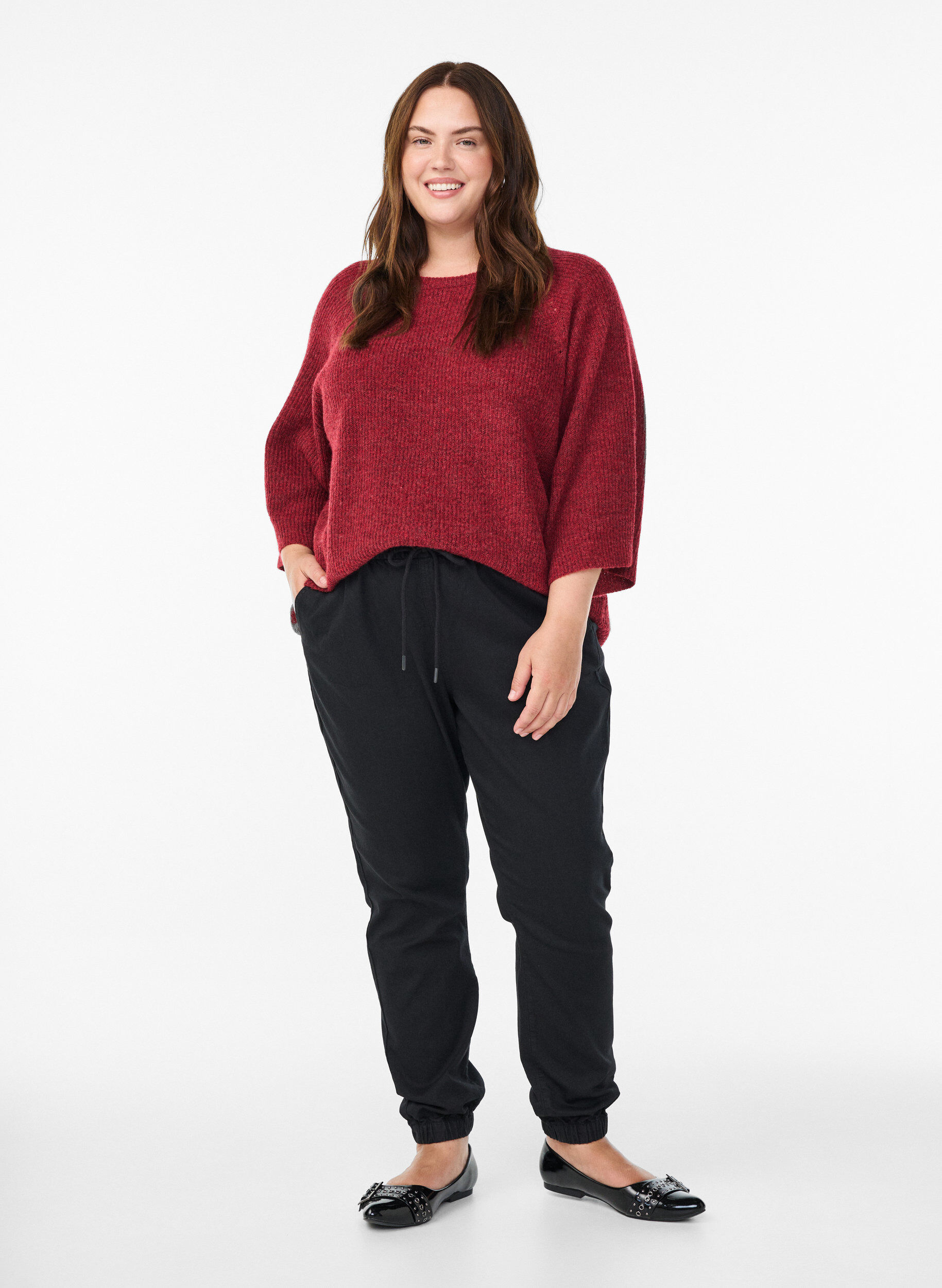 ZizzifashionRibbed jumper with 3/4 sleeves, Red, Model image number 1