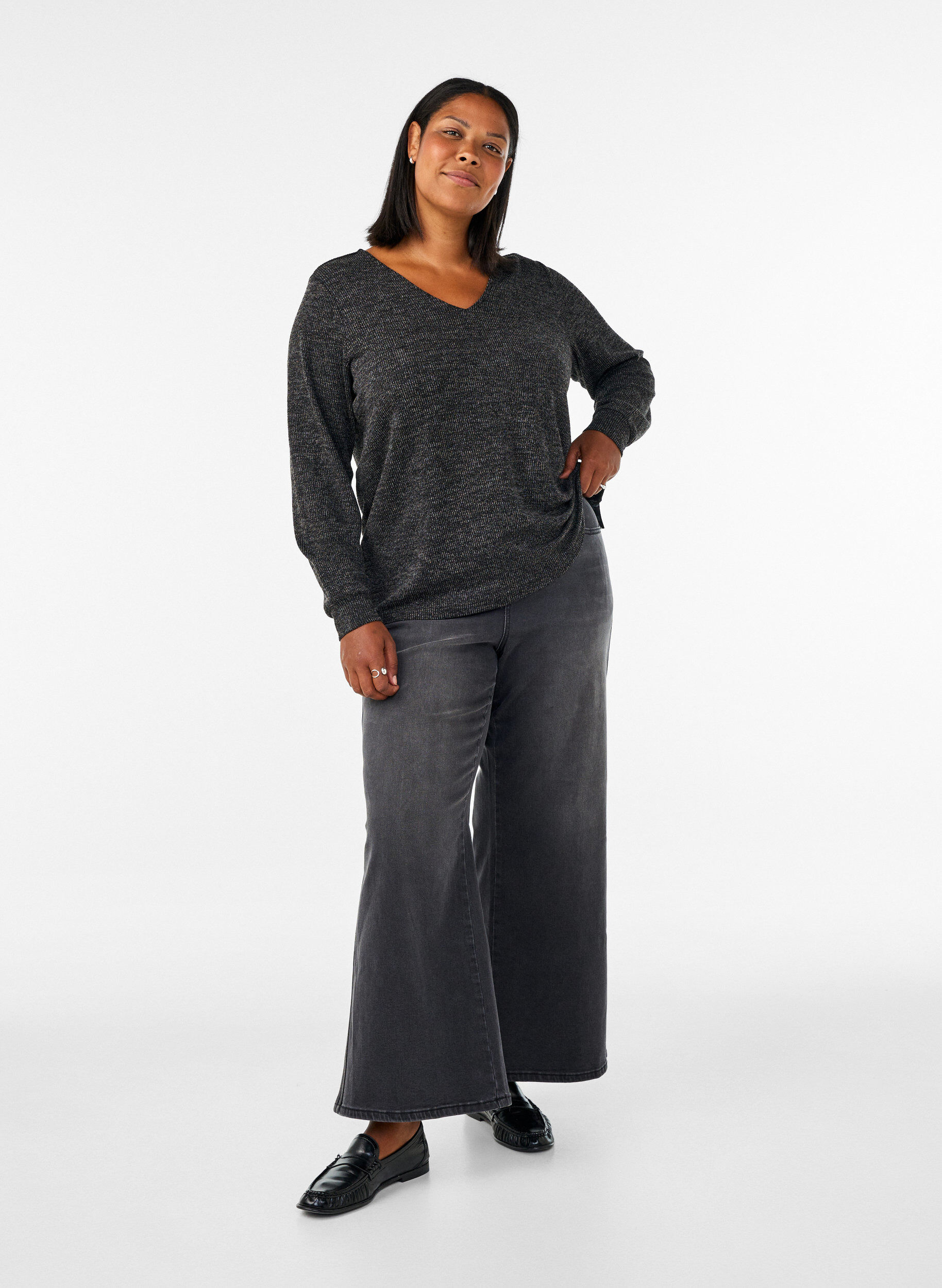 ZizzifashionJersey blouse with a V-neck and long sleeves, Black, Model image number 1