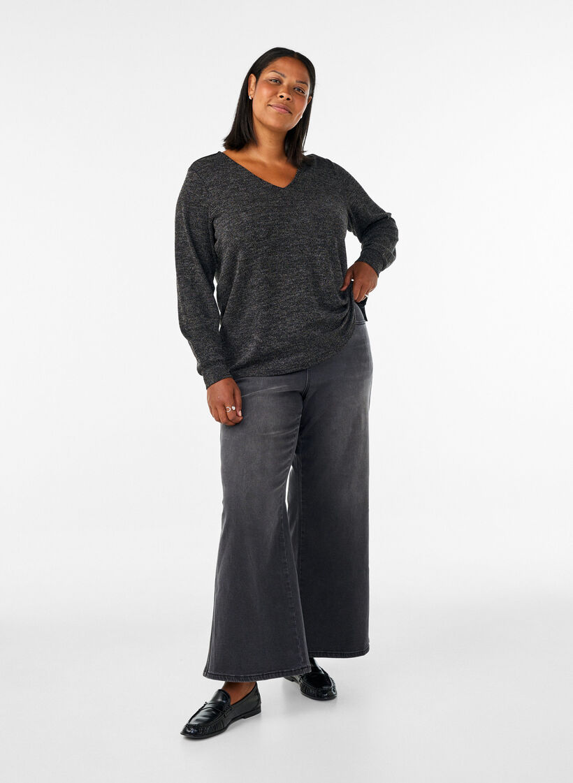 Jersey blouse with a V-neck and long sleeves, Black, Model image number 1
