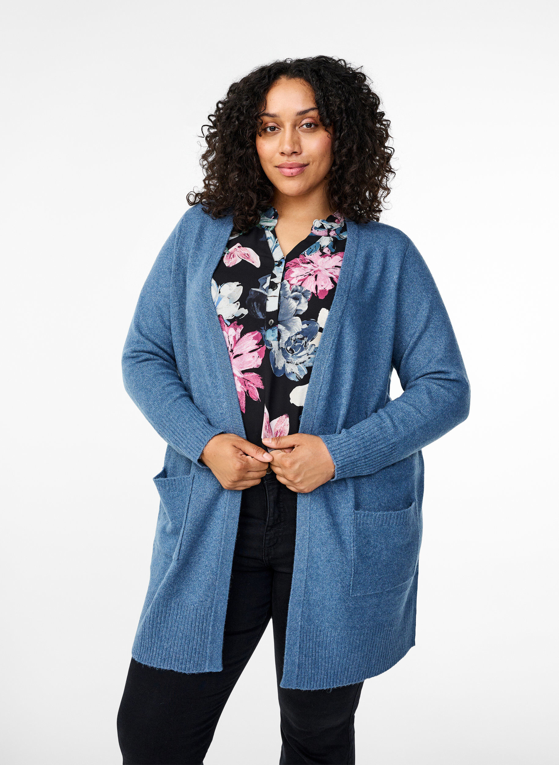 Zizzifashion Ribbed Knit Cardigan with Pockets, Blue, Model image number 0