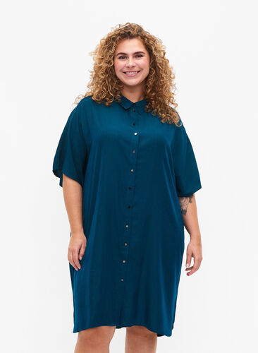 Short-sleeved shirt dress with dotted structure, Deep Teal, Model image number 0