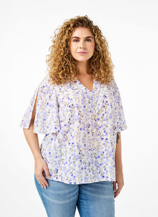 V-neck short sleeve blouse with floral print, Sand Verbena AOP, Model image number 0