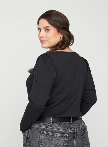Long-sleeved ribbed blouse with a V-neck, Black, Model image number 1