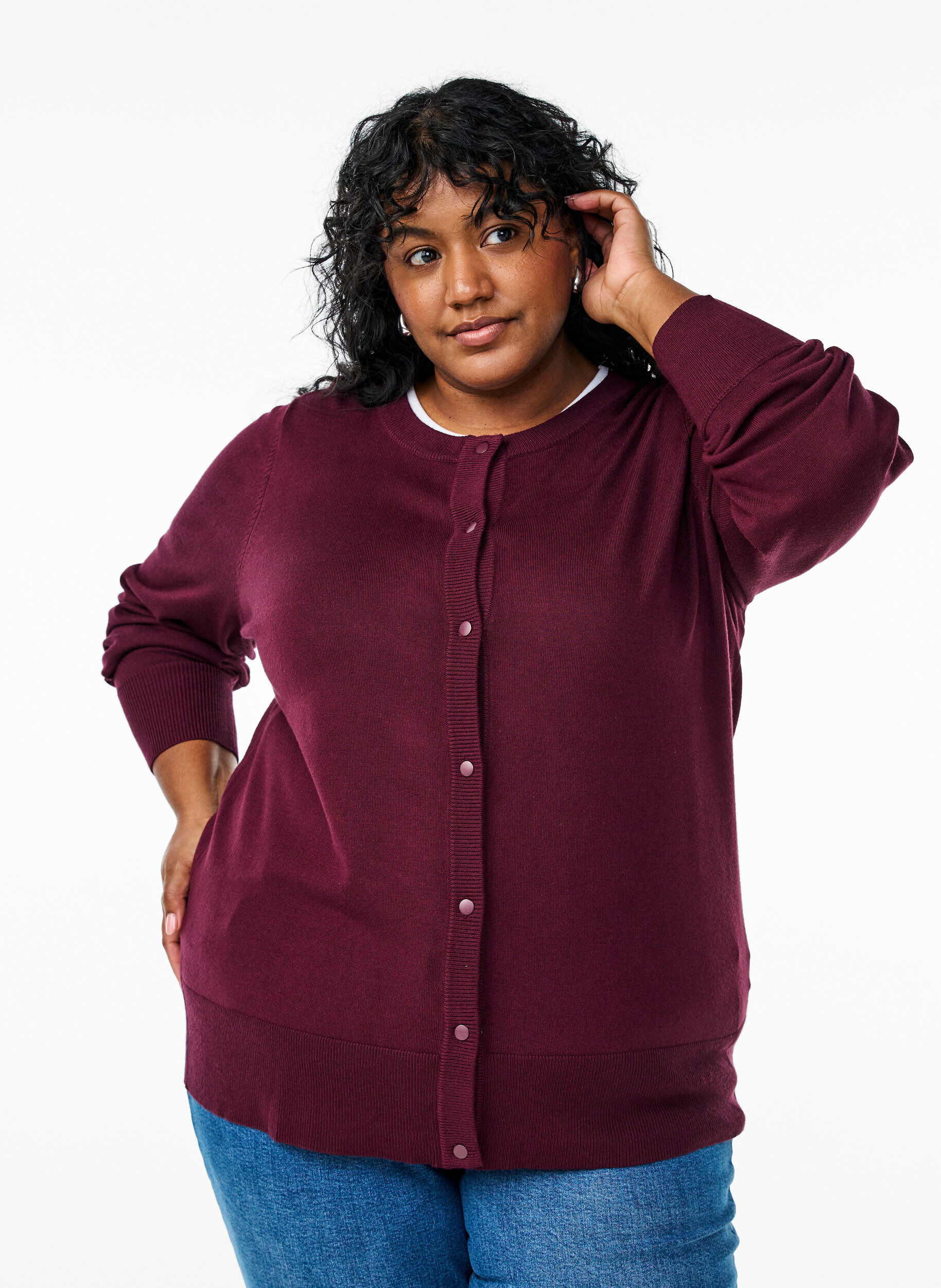 ZizzifashionKnitted cardigan with round neck and buttons, Red, Model image number 0
