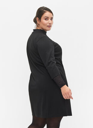 Plain dress with v neck and 3/4 sleeves, Black, Model image number 1