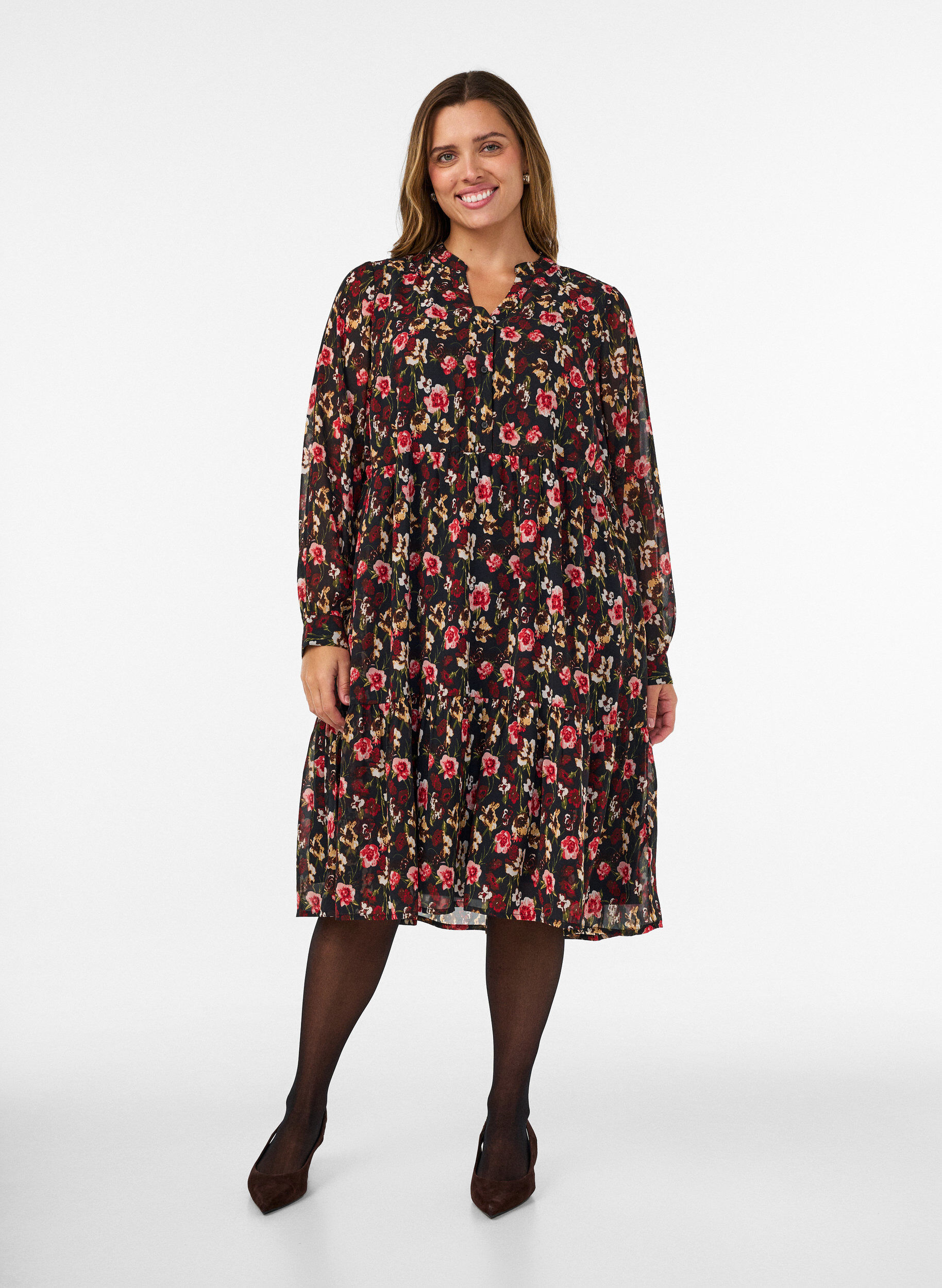 ZizzifashionDress with all-over print and a ruffle layer, Black, Model image number 0