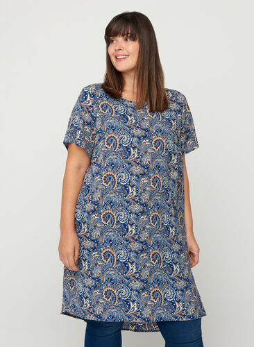 Short-sleeved tunic with a round neck, Dark Blue Paisley , Model image number 0