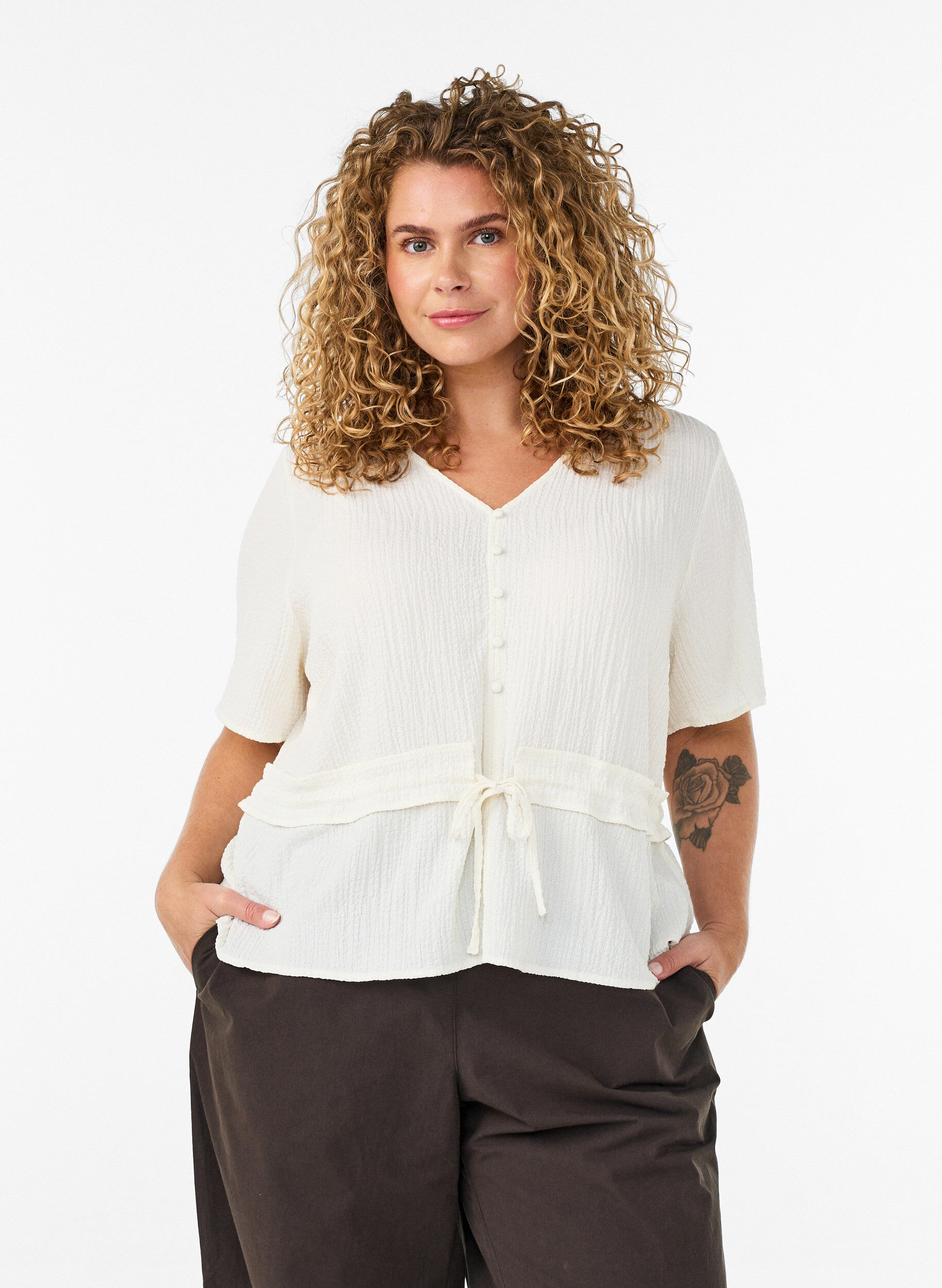 Zizzifashion Blouse with texture and a tie-waist, Vanilla, Model image number 0