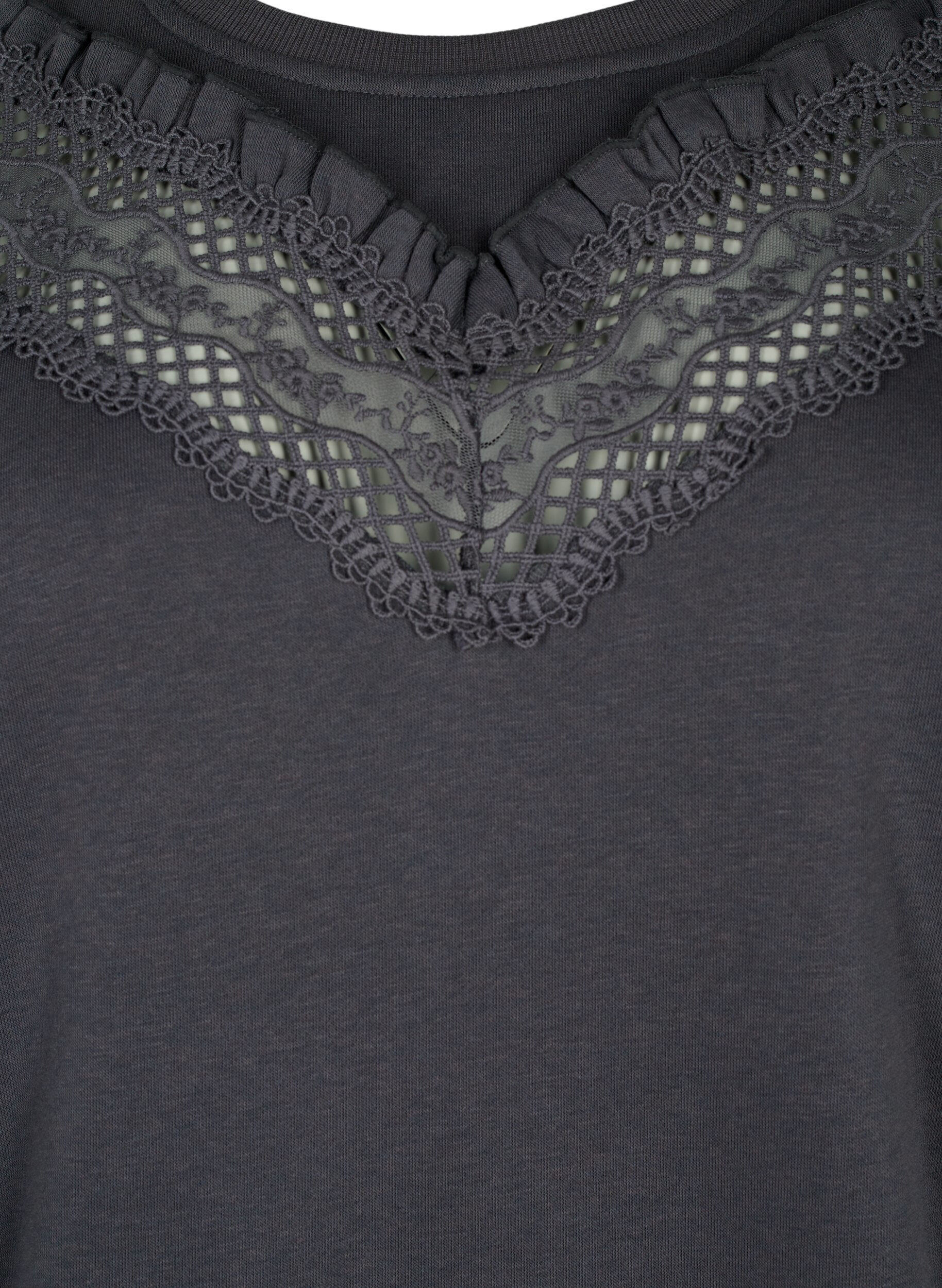 Zizzifashion Sweatshirt with ruffle and crochet detail, Dark Grey, Packshot image number 2