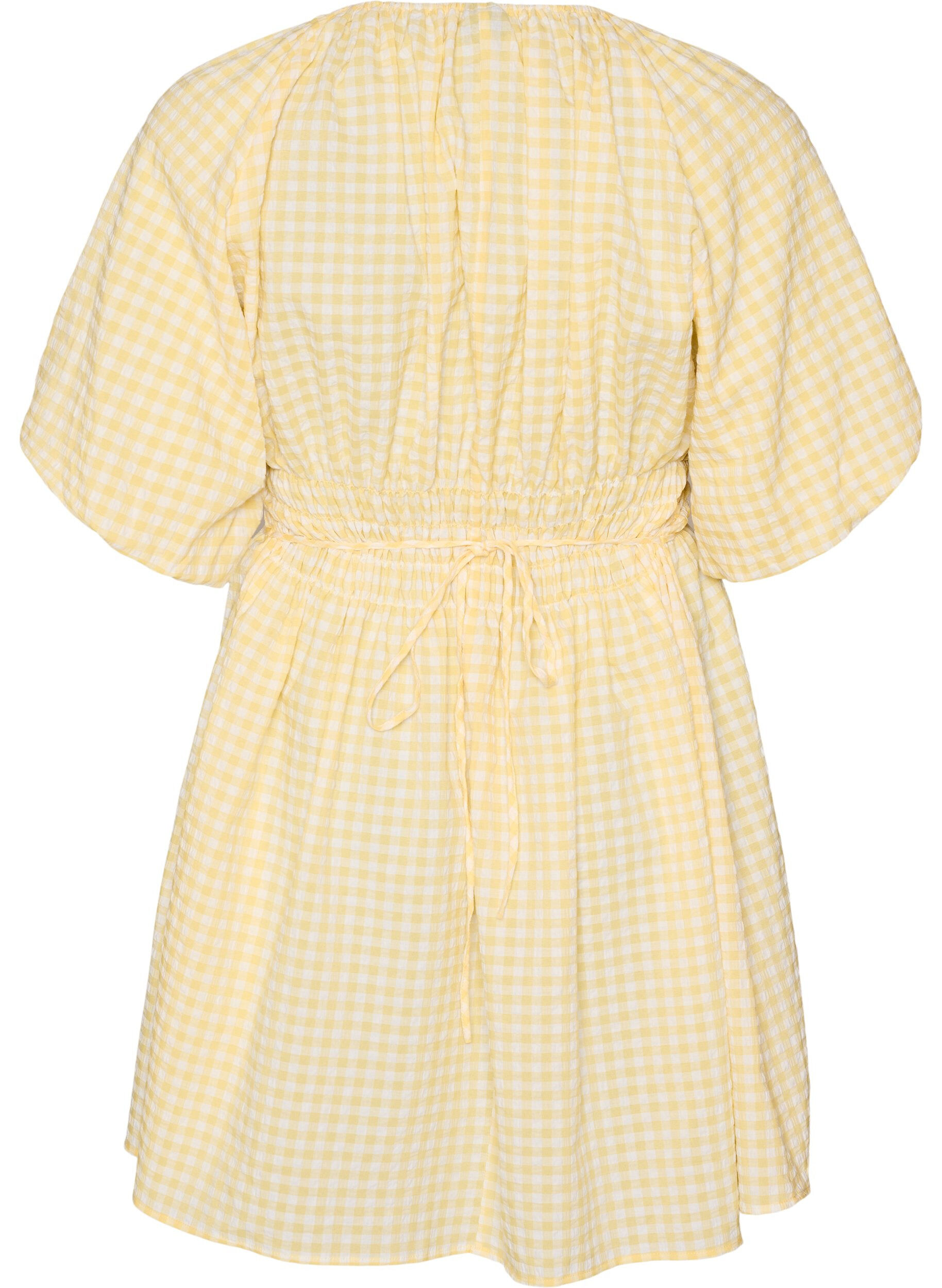 Zizzifashion Short small check dress with balloon sleeves, Yellow, Packshot image number 1