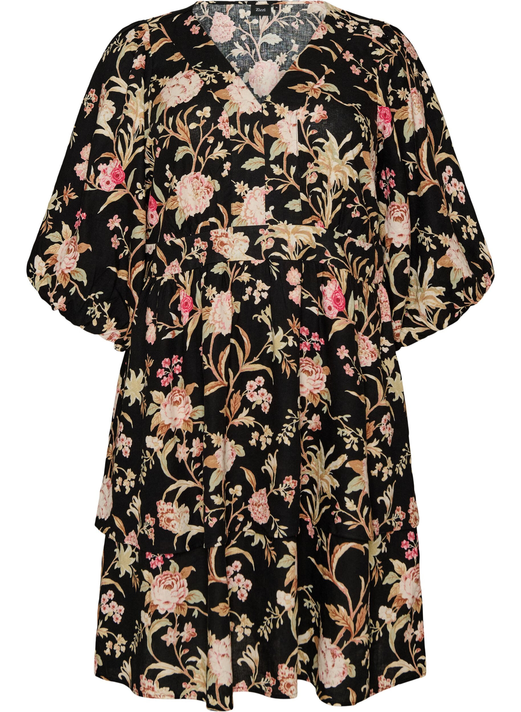ZizzifashionFloral dress in linen and viscose with an empire line, Black, Packshot image number 0