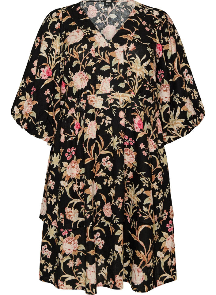Floral dress in linen and viscose with an empire line, Black, Packshot image number 0