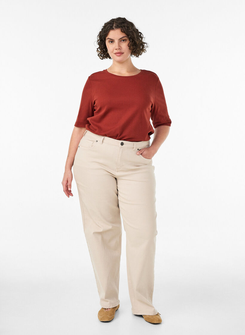 Ribbed jersey blouse with short sleeves, Red, Model image number 1