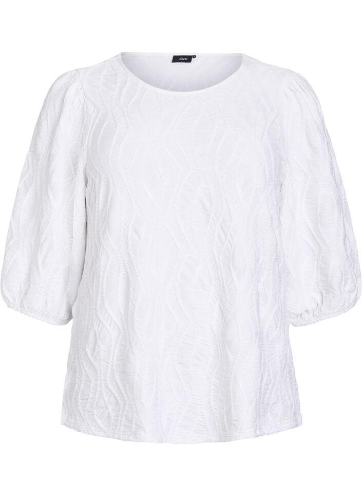 Blouse with texture and 3/4 sleeves, White, Packshot image number 0